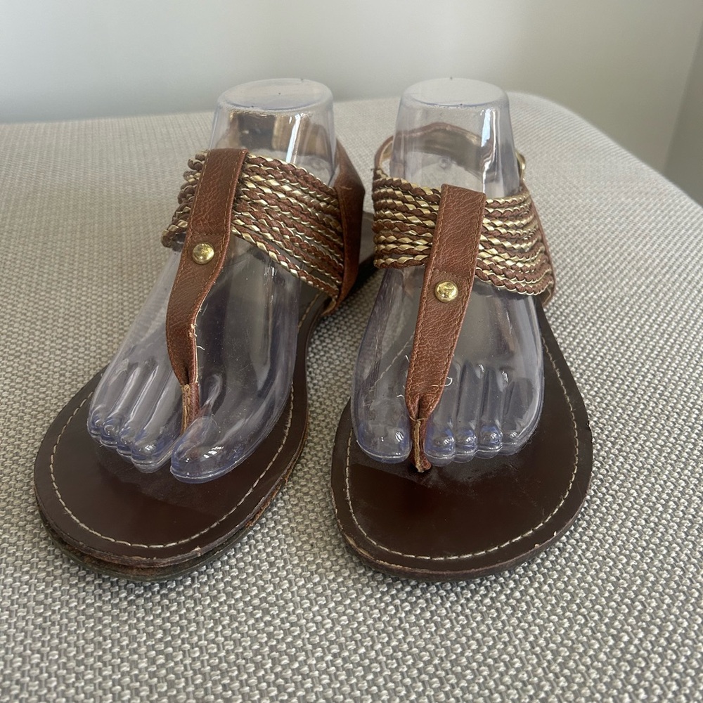 Steve Madden Brown Braided Metallic-Accent Thong Sandals